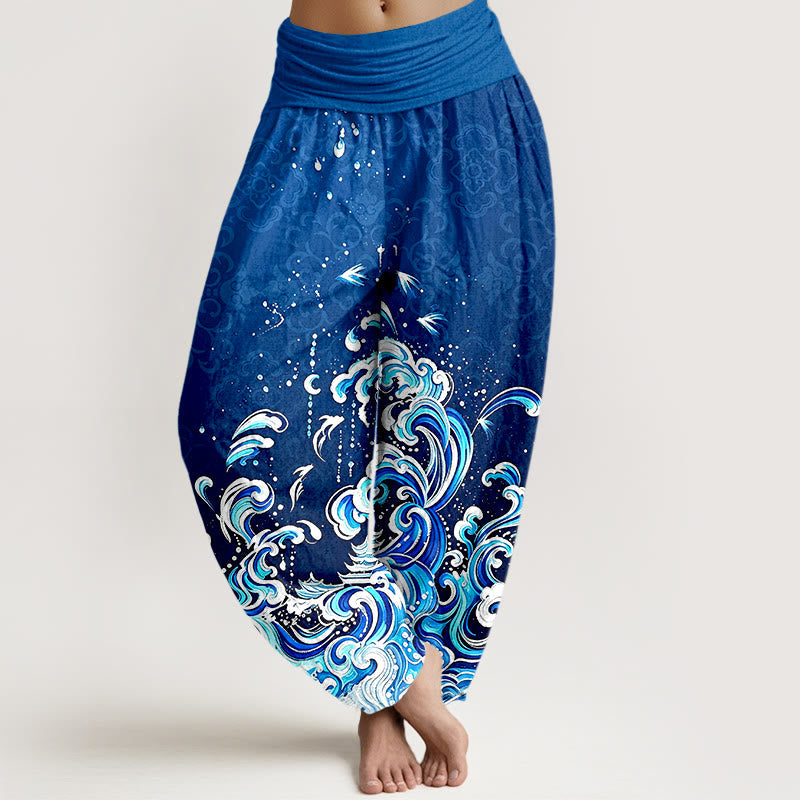 Nimara Ritual Pure Cotton Ocean Wave Gradient Pattern Women's Elastic Waist Harem Pants