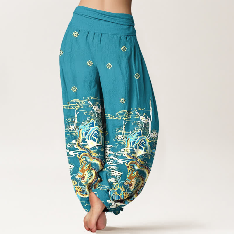 Nimara Ritual Pure Cotton Dragon Cloud Wave Pattern Women's Elastic Waist Harem Pants
