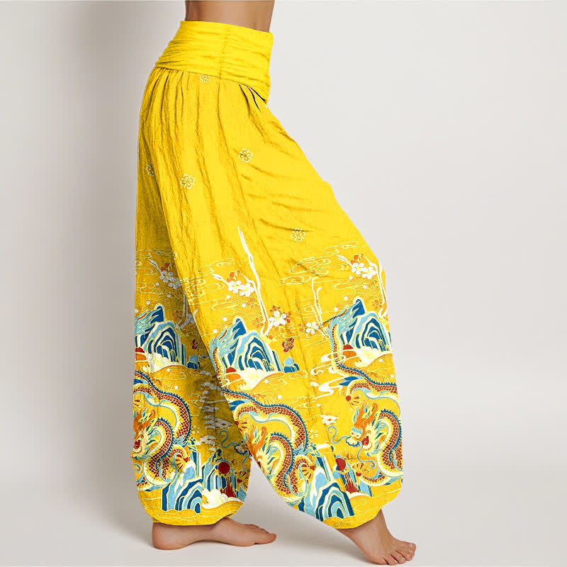 Nimara Ritual Pure Cotton Dragon Cloud Wave Pattern Women's Elastic Waist Harem Pants