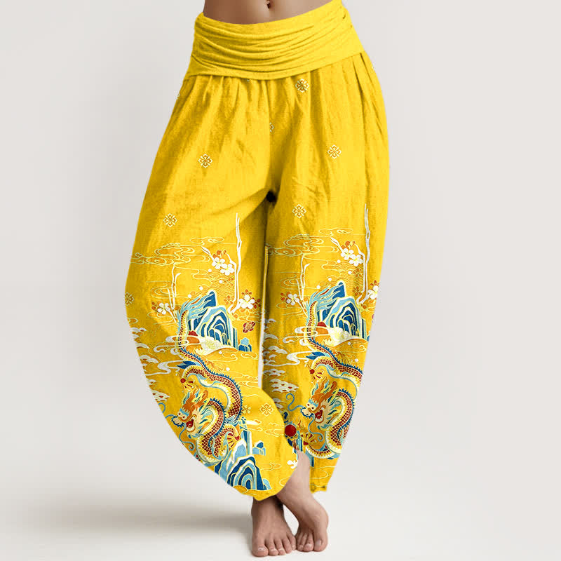 Nimara Ritual Pure Cotton Dragon Cloud Wave Pattern Women's Elastic Waist Harem Pants