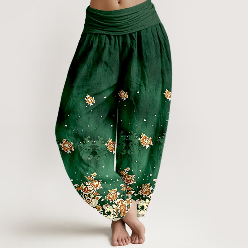 Nimara Ritual Pure Cotton Vintage Rose Floral Pattern Women's Elastic Waist Harem Pants