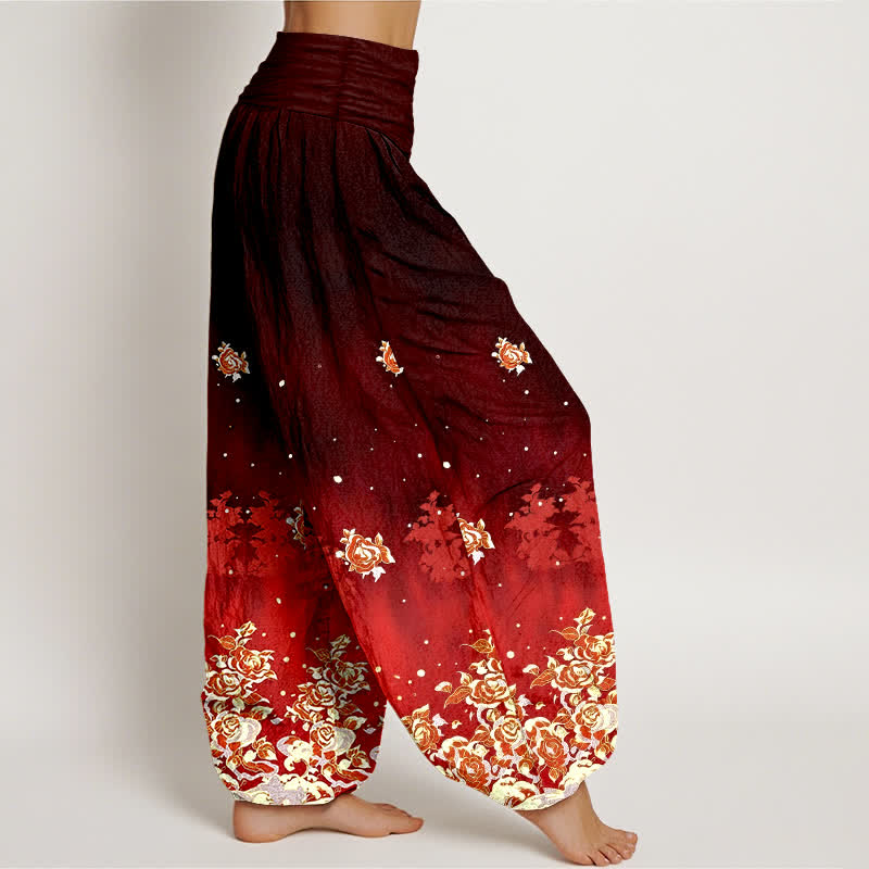 Nimara Ritual Pure Cotton Vintage Rose Floral Pattern Women's Elastic Waist Harem Pants