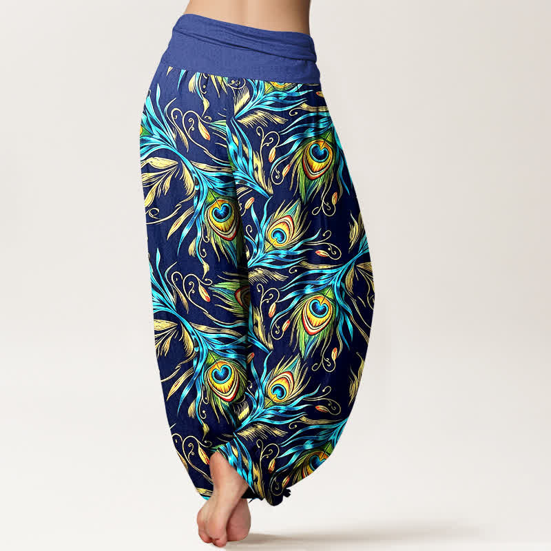 Nimara Ritual Pure Cotton Peacock Feather Pattern Women's Elastic Waist Harem Pants