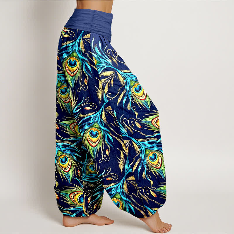 Nimara Ritual Pure Cotton Peacock Feather Pattern Women's Elastic Waist Harem Pants