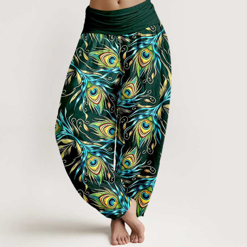 Nimara Ritual Pure Cotton Peacock Feather Pattern Women's Elastic Waist Harem Pants