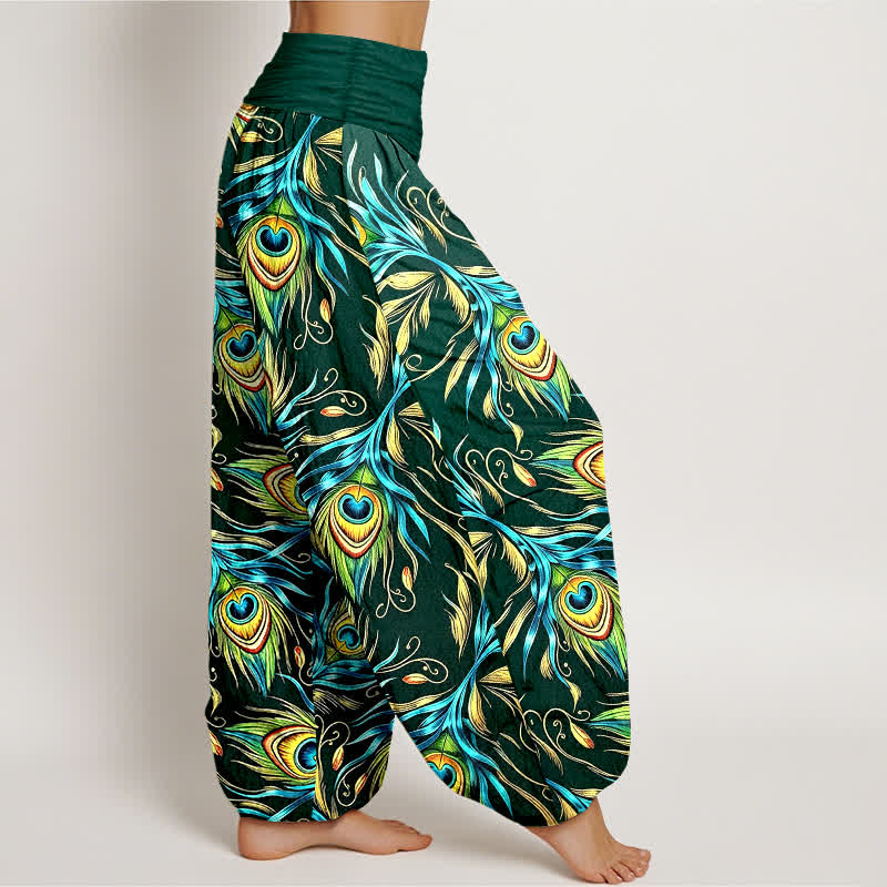 Nimara Ritual Pure Cotton Peacock Feather Pattern Women's Elastic Waist Harem Pants