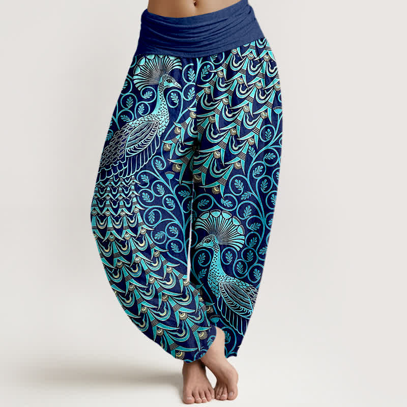 Nimara Ritual Pure Cotton Peacock Feather Vine Pattern Women's Elastic Waist Harem Pants