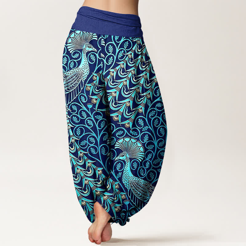 Nimara Ritual Pure Cotton Peacock Feather Vine Pattern Women's Elastic Waist Harem Pants