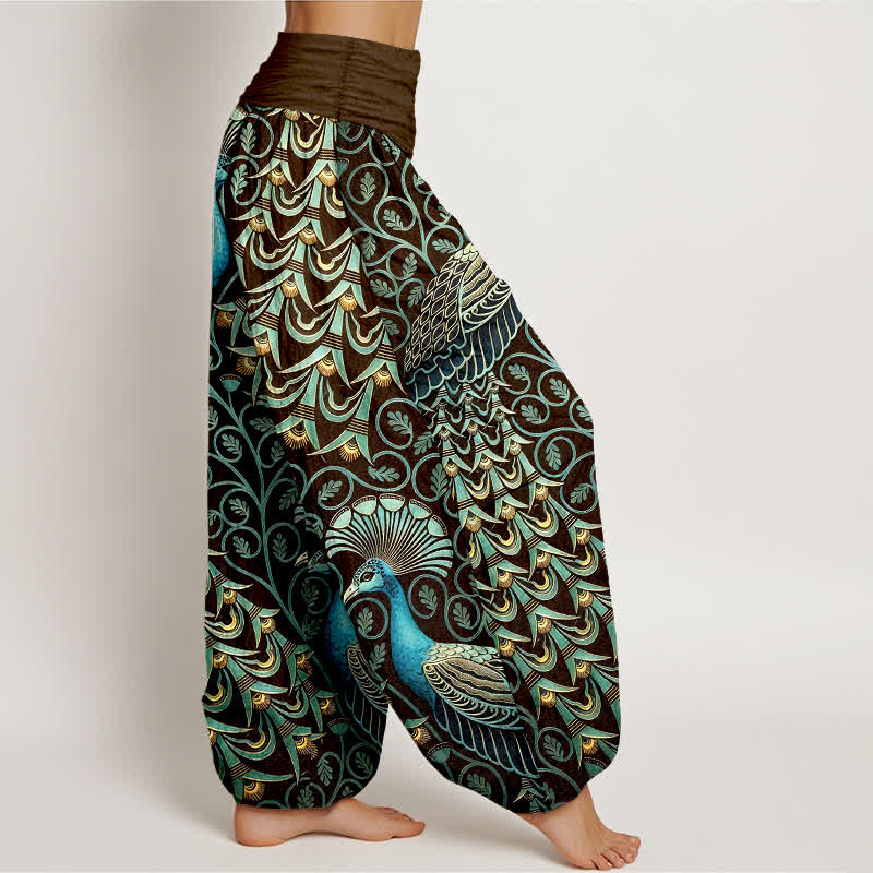 Nimara Ritual Pure Cotton Peacock Feather Vine Pattern Women's Elastic Waist Harem Pants