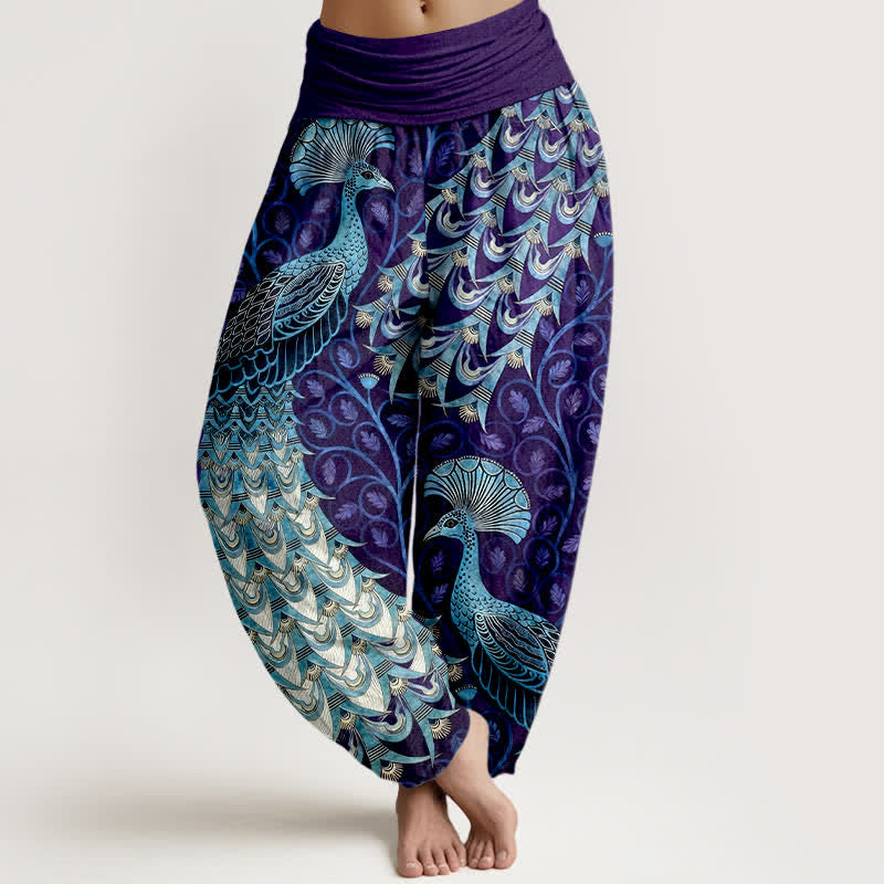 Nimara Ritual Pure Cotton Peacock Feather Vine Pattern Women's Elastic Waist Harem Pants