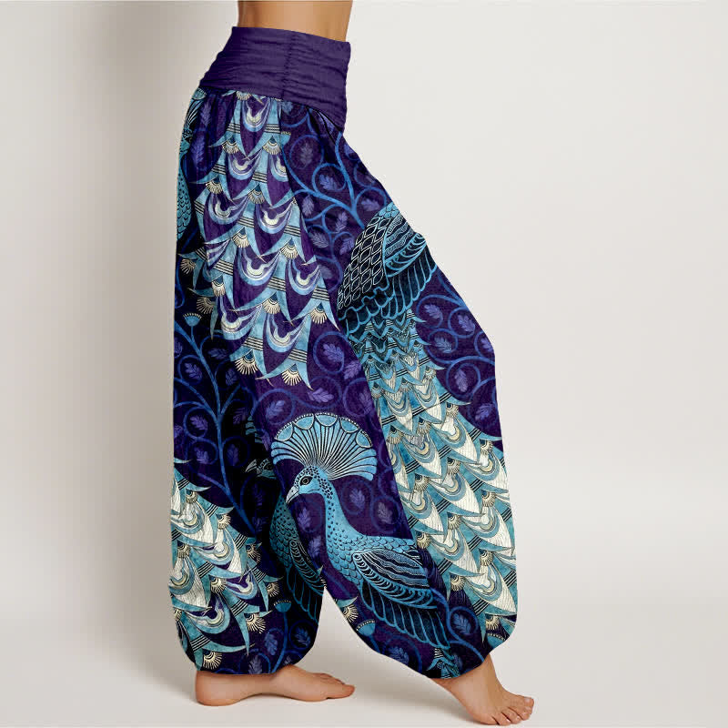 Nimara Ritual Pure Cotton Peacock Feather Vine Pattern Women's Elastic Waist Harem Pants