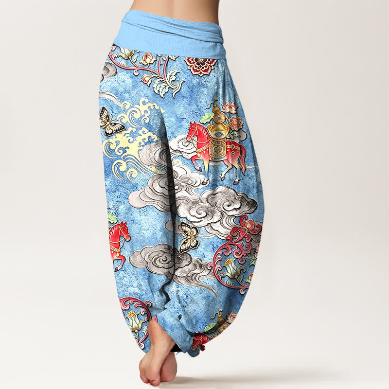 Nimara Ritual Pure Cotton Auspicious Clouds Horse Flower Pattern Women's Elastic Waist Harem Pants