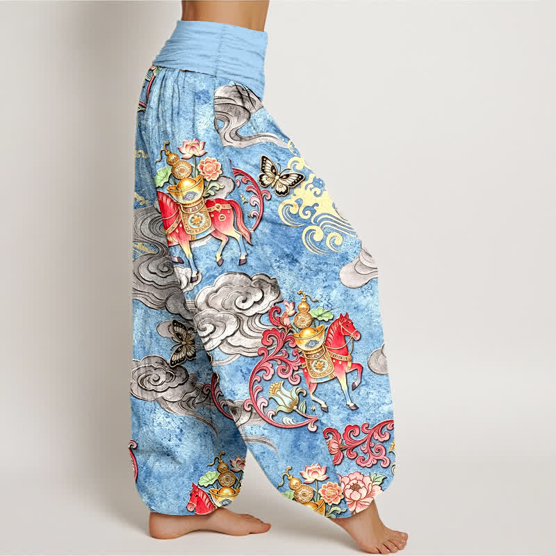 Nimara Ritual Pure Cotton Auspicious Clouds Horse Flower Pattern Women's Elastic Waist Harem Pants