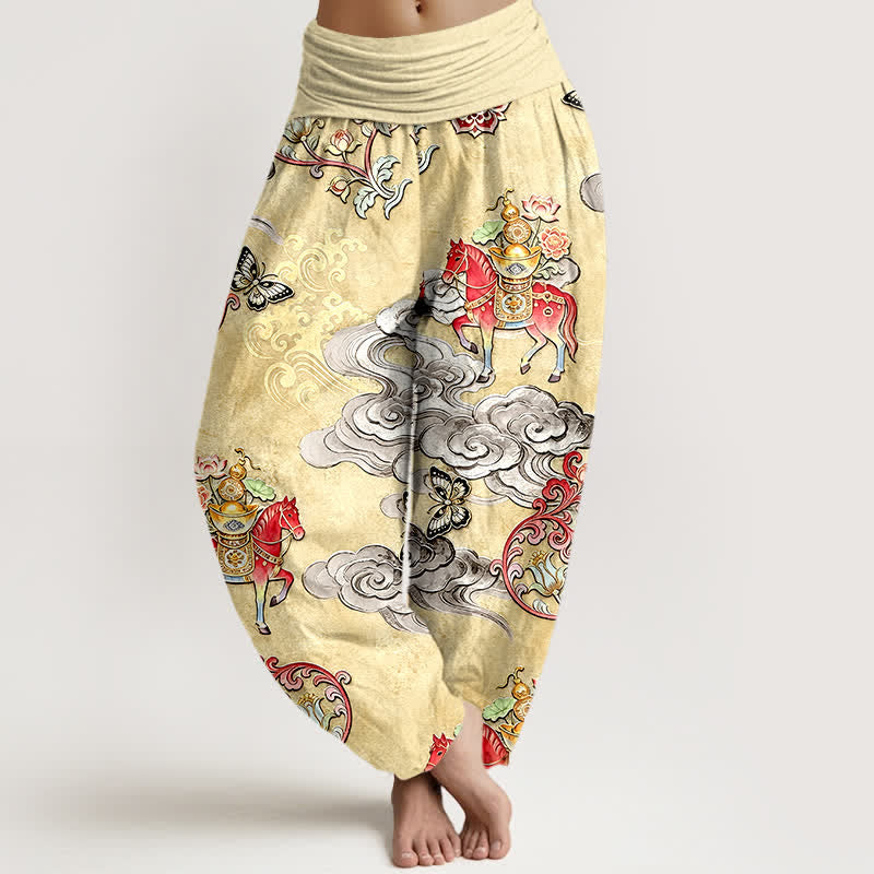 Nimara Ritual Pure Cotton Auspicious Clouds Horse Flower Pattern Women's Elastic Waist Harem Pants