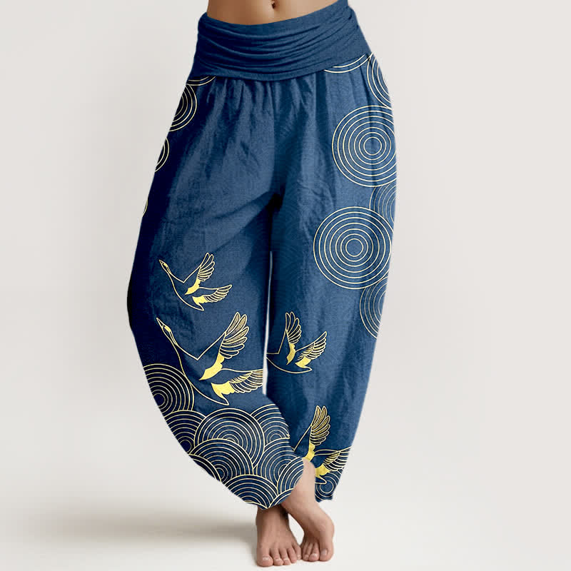 Nimara Ritual Cotton Gold Bird Circle Pattern Women's Elastic Waist Harem Pants