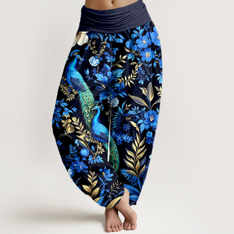 Nimara Ritual Pure Cotton Teal Peacock Floral Pattern Women's Elastic Waist Harem Pants