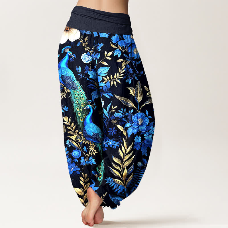 Nimara Ritual Pure Cotton Teal Peacock Floral Pattern Women's Elastic Waist Harem Pants