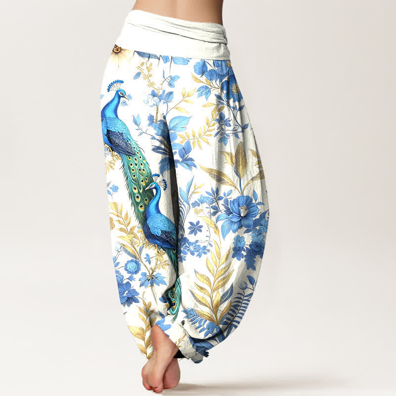 Nimara Ritual Pure Cotton Teal Peacock Floral Pattern Women's Elastic Waist Harem Pants