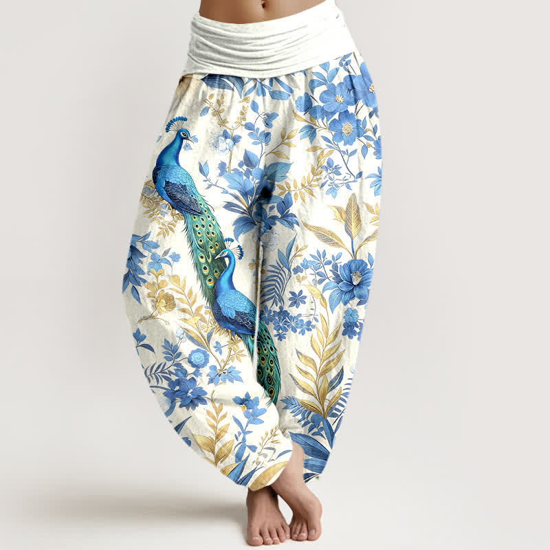 Nimara Ritual Pure Cotton Teal Peacock Floral Pattern Women's Elastic Waist Harem Pants