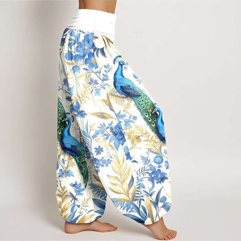 Nimara Ritual Pure Cotton Teal Peacock Floral Pattern Women's Elastic Waist Harem Pants