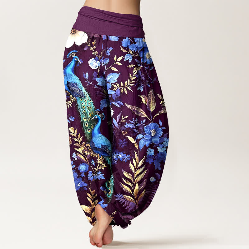 Nimara Ritual Pure Cotton Teal Peacock Floral Pattern Women's Elastic Waist Harem Pants