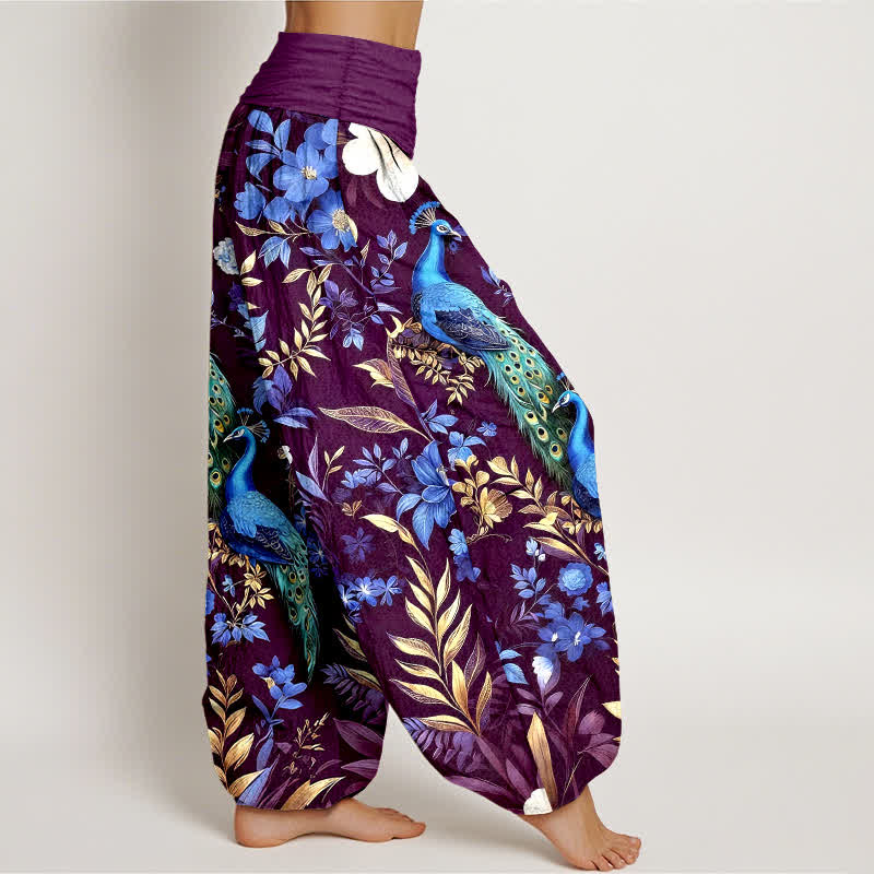 Nimara Ritual Pure Cotton Teal Peacock Floral Pattern Women's Elastic Waist Harem Pants