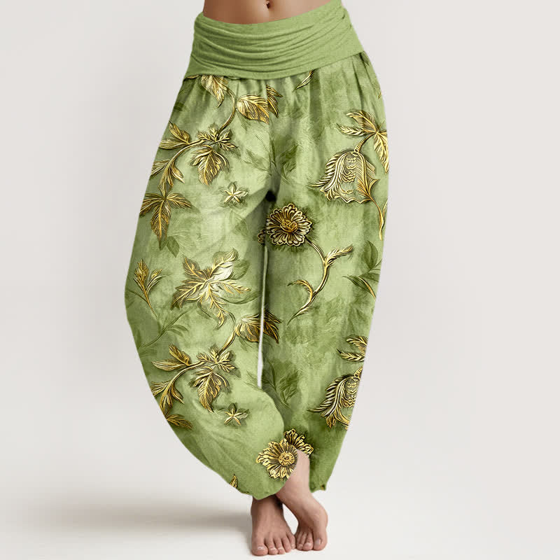 Nimara Ritual Cotton Botanical Leaf Pattern Women's Elastic Waist Harem Pants