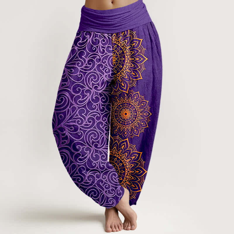 Nimara Ritual Pure Cotton Golden Mandala Floral Pattern Women's Elastic Waist Harem Pants