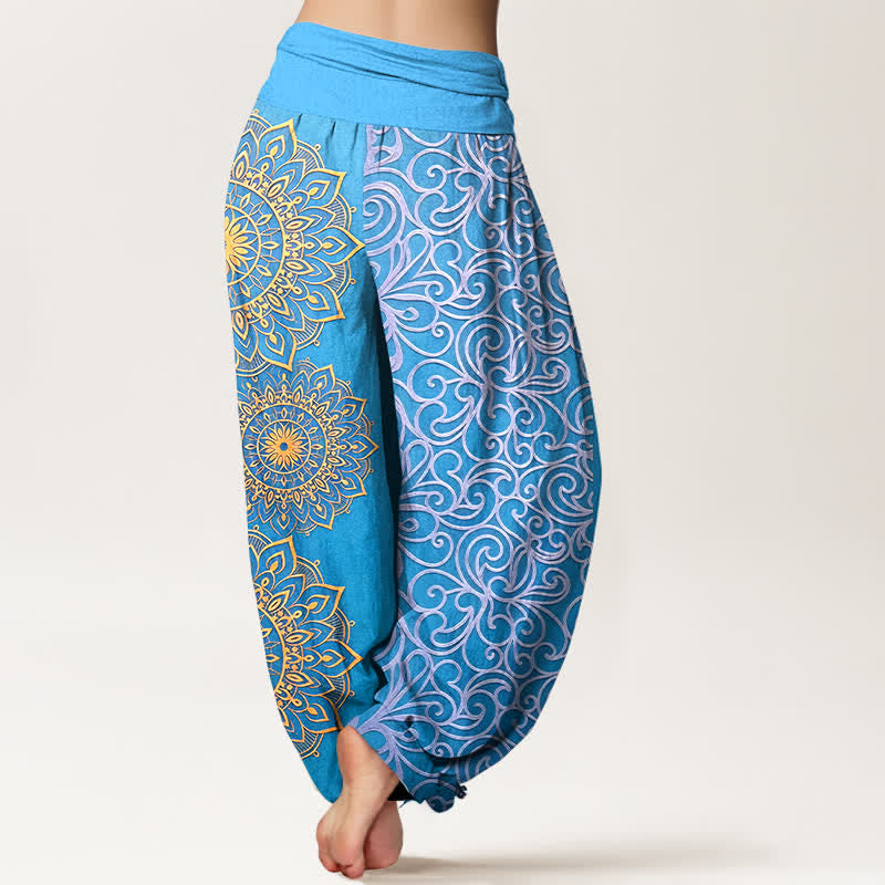 Nimara Ritual Pure Cotton Golden Mandala Floral Pattern Women's Elastic Waist Harem Pants