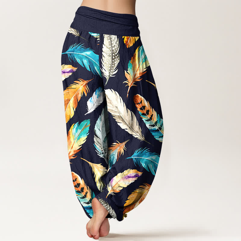 Nimara Ritual Pure Cotton Colorful Feather Pattern Women's Elastic Waist Harem Pants