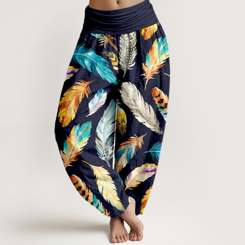 Nimara Ritual Pure Cotton Colorful Feather Pattern Women's Elastic Waist Harem Pants