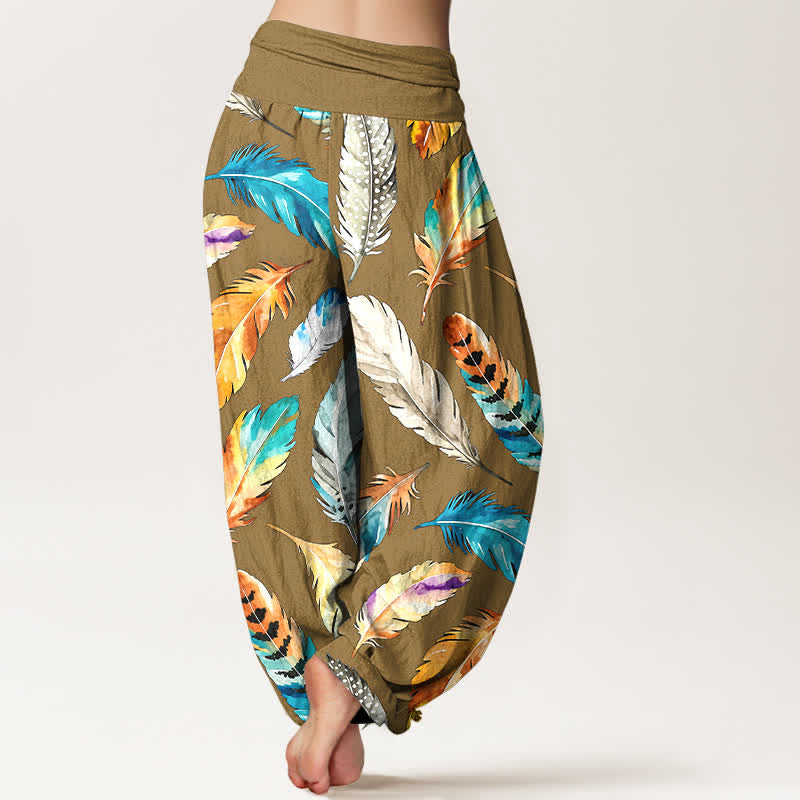 Nimara Ritual Pure Cotton Colorful Feather Pattern Women's Elastic Waist Harem Pants