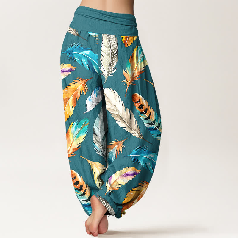 Nimara Ritual Pure Cotton Colorful Feather Pattern Women's Elastic Waist Harem Pants