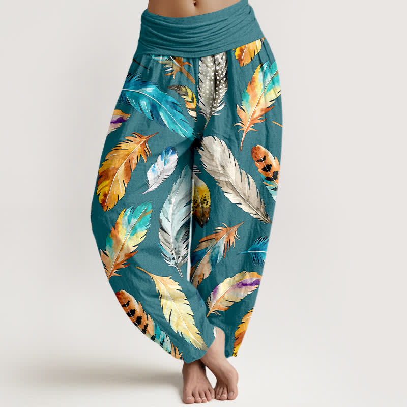 Nimara Ritual Pure Cotton Colorful Feather Pattern Women's Elastic Waist Harem Pants