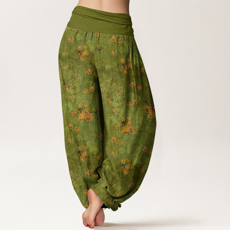 Nimara Ritual Pure Cotton Scattered Marigold Floral Pattern Women's Elastic Waist Harem Pants