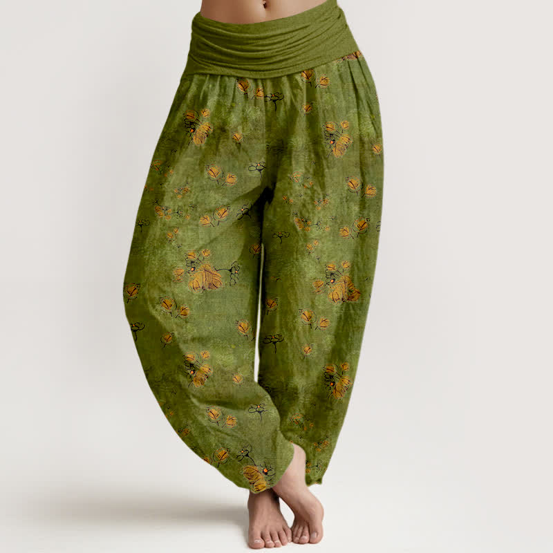 Nimara Ritual Pure Cotton Scattered Marigold Floral Pattern Women's Elastic Waist Harem Pants