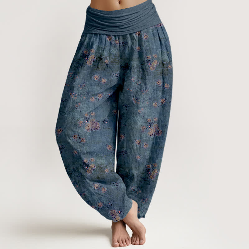 Nimara Ritual Pure Cotton Scattered Marigold Floral Pattern Women's Elastic Waist Harem Pants