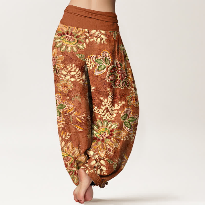 Nimara Ritual Pure Cotton Bohemian Floral Leaf Pattern Women's Elastic Waist Harem Pants