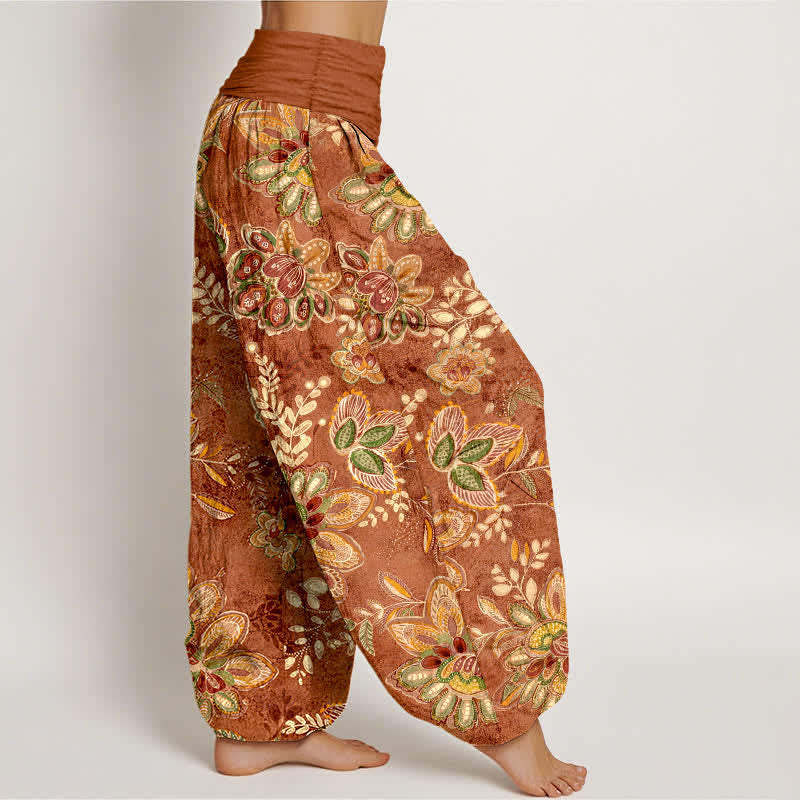 Nimara Ritual Pure Cotton Bohemian Floral Leaf Pattern Women's Elastic Waist Harem Pants