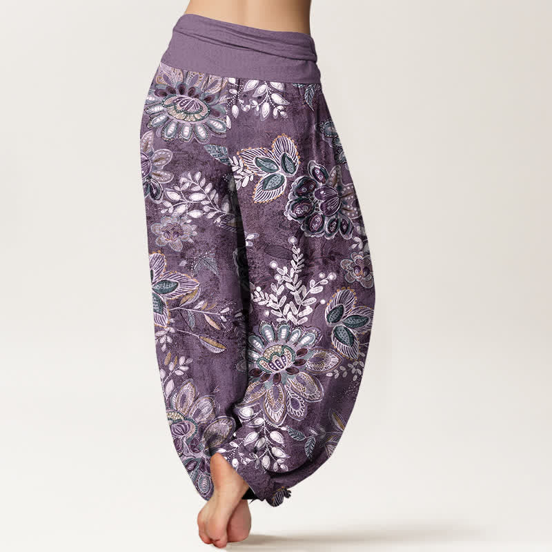 Nimara Ritual Pure Cotton Bohemian Floral Leaf Pattern Women's Elastic Waist Harem Pants