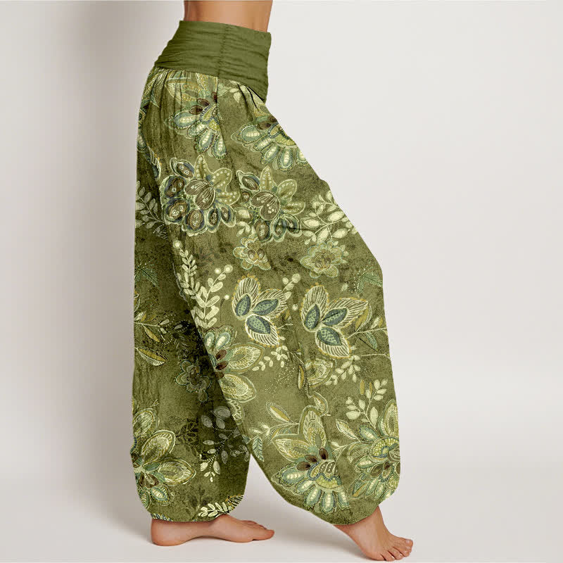 Nimara Ritual Pure Cotton Bohemian Floral Leaf Pattern Women's Elastic Waist Harem Pants
