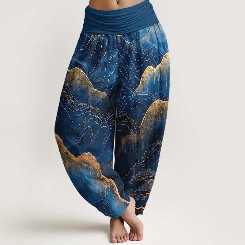 Nimara Ritual Pure Cotton Midnight Mountain Gold Line Pattern Women's Elastic Waist Harem Pants