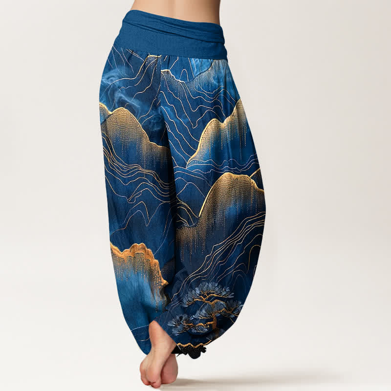 Nimara Ritual Pure Cotton Midnight Mountain Gold Line Pattern Women's Elastic Waist Harem Pants