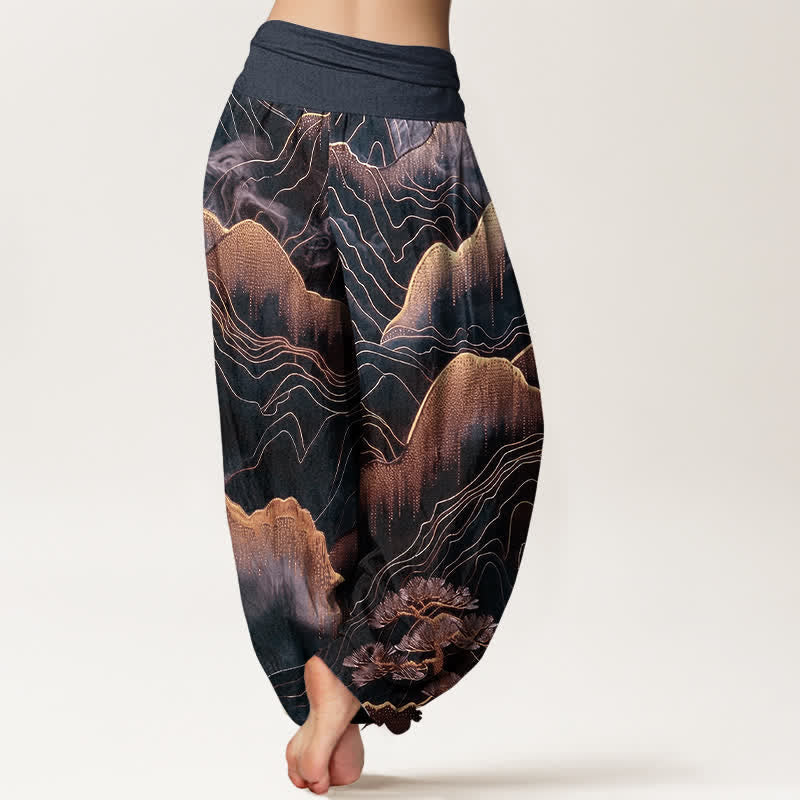 Nimara Ritual Pure Cotton Midnight Mountain Gold Line Pattern Women's Elastic Waist Harem Pants
