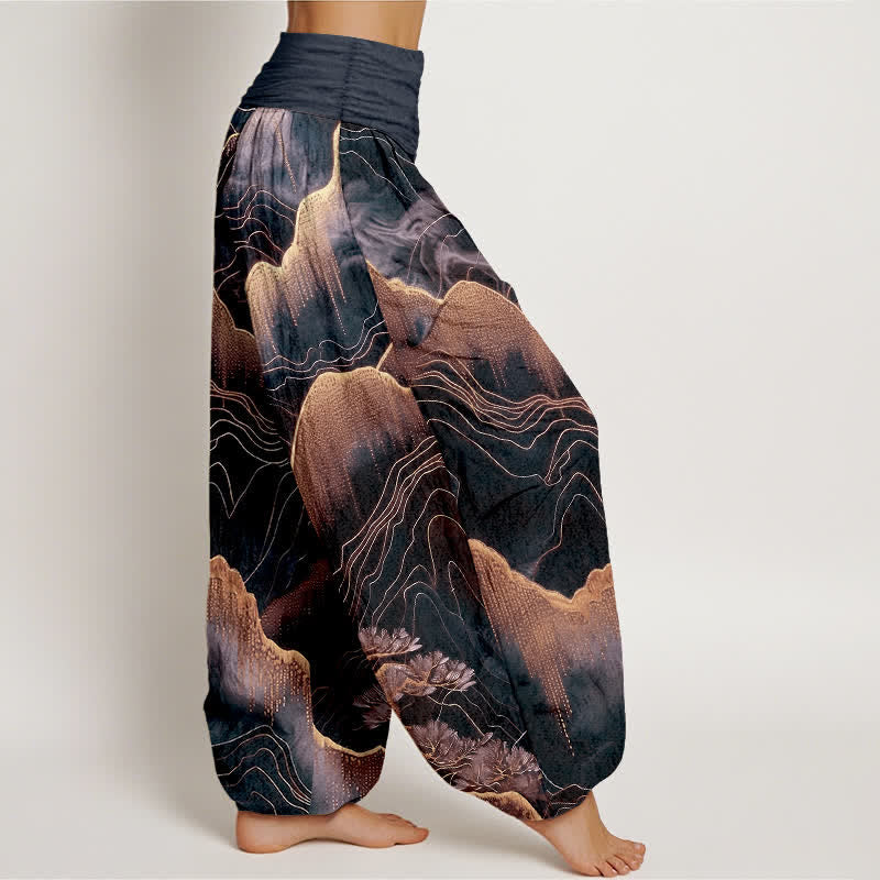 Nimara Ritual Pure Cotton Midnight Mountain Gold Line Pattern Women's Elastic Waist Harem Pants