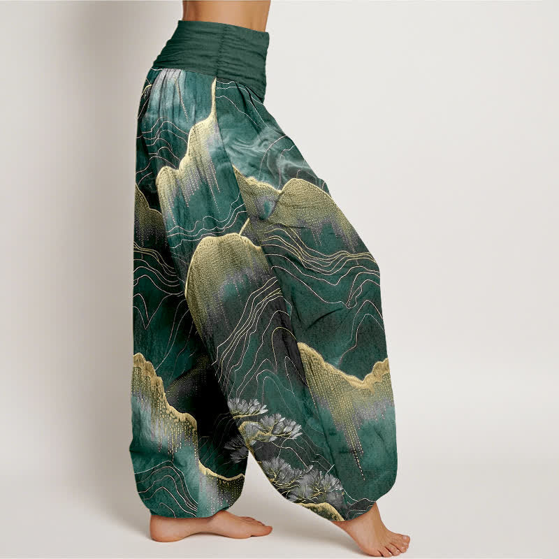 Nimara Ritual Pure Cotton Midnight Mountain Gold Line Pattern Women's Elastic Waist Harem Pants