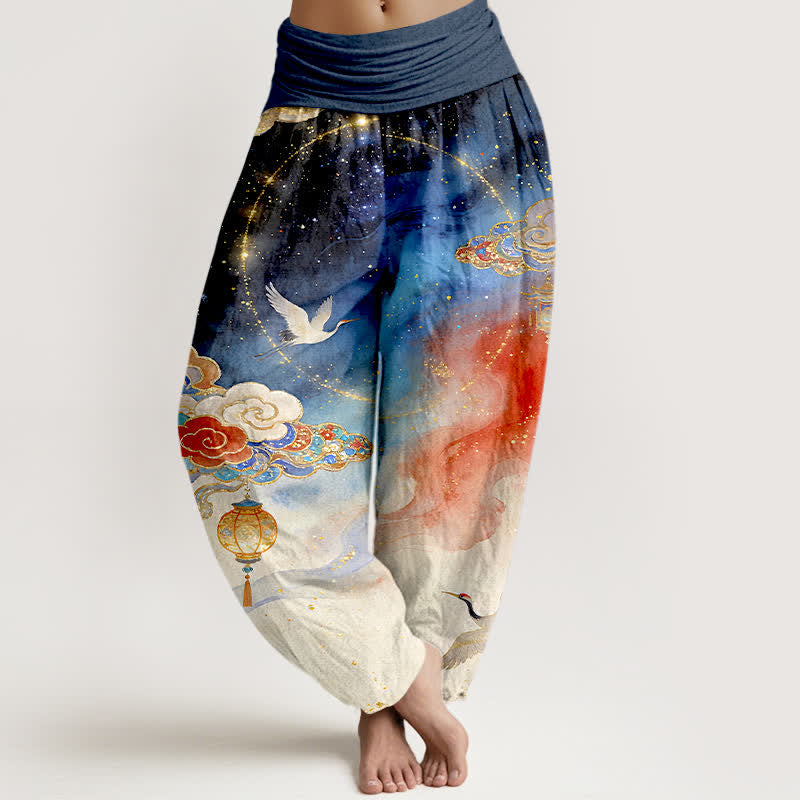 Nimara Ritual Pure Cotton Crane Cloud Lantern Night Sky Pattern Women's Elastic Waist Harem Pants