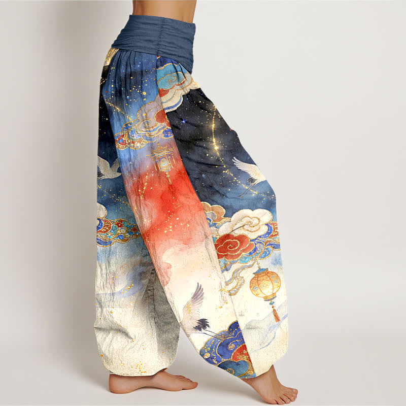 Nimara Ritual Pure Cotton Crane Cloud Lantern Night Sky Pattern Women's Elastic Waist Harem Pants