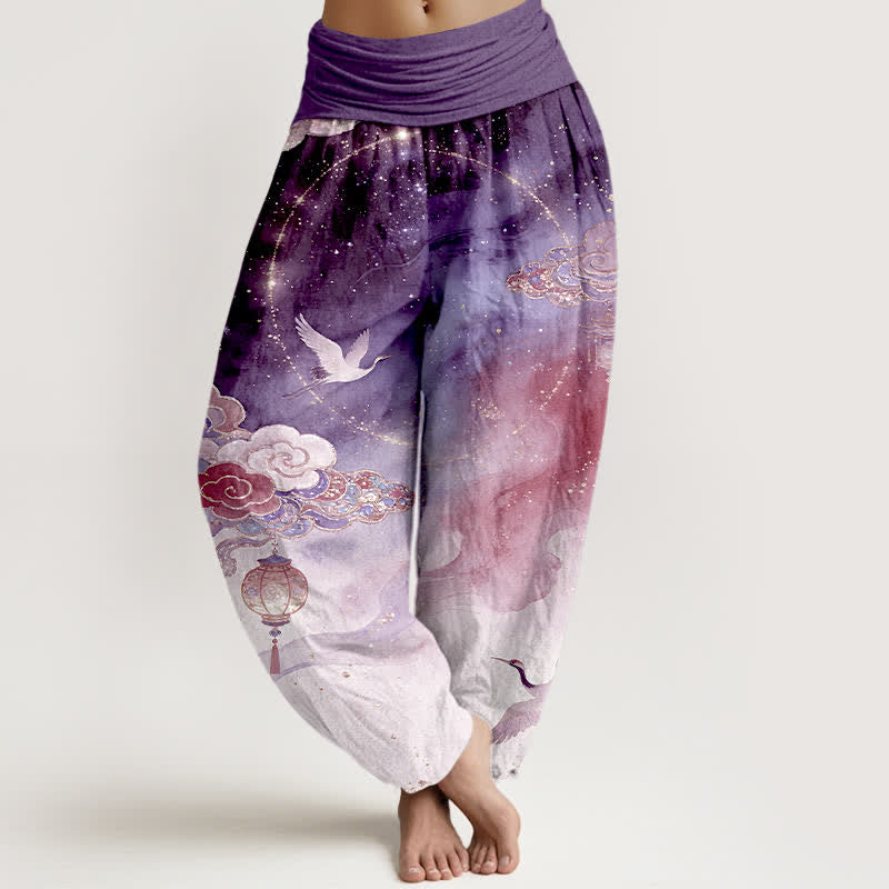 Nimara Ritual Pure Cotton Crane Cloud Lantern Night Sky Pattern Women's Elastic Waist Harem Pants