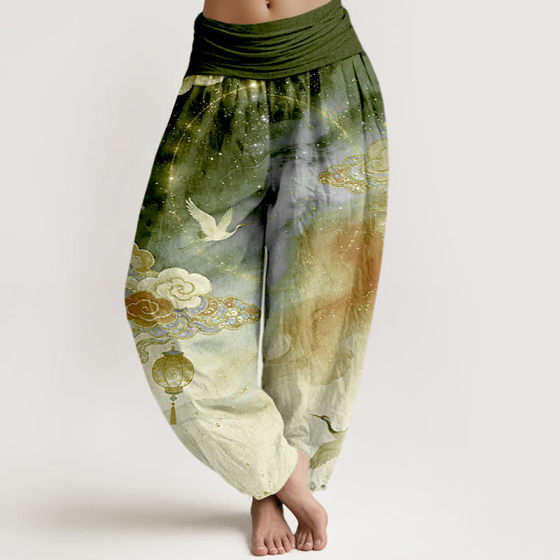 Nimara Ritual Pure Cotton Crane Cloud Lantern Night Sky Pattern Women's Elastic Waist Harem Pants